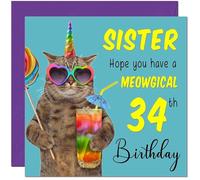 34th Sister Birthday Card - Meowgical Cat Funny Sister's Birthday Card for 34 Year old thirty four, thirty fourth
