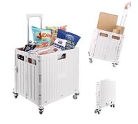 35 KG Folding Shopping Trolley with Lid | Collapsible Utility Cart for Storage, Laundry, Sports & Crafts | Portable Boot Cart Box with Telescopic Handle | Multipurpose Rolling Organiser (White)