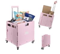 35 KG Folding Shopping Trolley with Lid | Collapsible Utility Cart for Storage, Laundry, Sports & Crafts | Portable Boot Cart Box with Telescopic Handle | Multipurpose Rolling Organiser (Pink)
