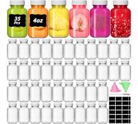 35 Pack 4 oz Glass Shot Bottles with Lids Small Clear Glass Jar for Ginger Wellness Shot Mini Juice Bottle Reusable Wide Mouth Travel Cup & 15 Labels,2 funnels,1 brush for Juice Milk Potion Liquids