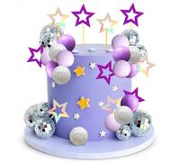 35 Pcs Disco Ball Cake Toppers for Birthday Party Decorations - Purple and Silver Mirror Balls, Star & Butterfly Toppers for Music Themed Events and Singer Style Celebrations
