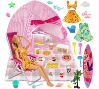 35 Pcs Travel Camping Playset for 11.5 Inch Girl Dolls, with 1 Tent 1 Picnic Mat 1 Chair 1 Surfboard, 12 Beach Toys 13 Camping Food Accessories 2 Summer Outfits, Adventure Toy for Outdoor Pretend