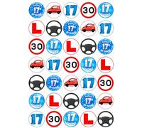 35 x 17th Birthday BLUE Drivng Mix Edible Wafer or Icing Cupcake Toppers Fun Party Cake Decorations (Premium Icing Sheet)