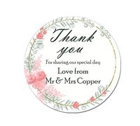 35 x Treasured Forever Personalised Wedding Heart Sketch Effect Favour Round Stickers (35mm) (Design 1 - Pink Floral)