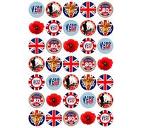 35 x VE Day 80th Anniversary Party Pack Edible Cupcake Toppers - Wafer Card or Icing - War Celebration Themed Party Decorations Perfect For Brownies Cookies Muffins & More! (Premium Icing Sheet)