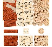 350 Pcs Handmade Labels for Crafts,150 Pcs Wooden Buttons(15/20/25mm) + 100 Pcs Leather Handmade Labels + 100 Pcs Fabric Handmade Labels,Handmade with Love Labels Tags Set for Knitting,Crafts & Sewing