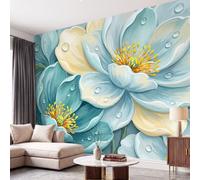 350 x 256 cm 3D Floral Wall Mural Blue | Modern Luxury Botanical Wallpaper for Living Room Bedroom, Photo Wallpaper & Home Decor Art