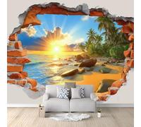 350 x 256 cm Non-Woven 3D Wallpaper Roll Mural Papel De Parede, Modern Red Brick Ocean Beach Wallcoverings for Bedroom Living Room TV Backdrop - Colorful
