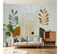 350 x 256 cm Photo Wallpaper, Boho Minimalist Arches Leaf Circles Geometric Theme Non-Woven Wall Mural for Living Room Bedroom Kitchen Office Kids TV Background Wall Decor Murals