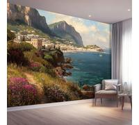 350 X 256 Cm Photo Wallpaper Mediterranean Style Premium Wall Mural Poster - Blue Cape Houses Non-Woven Large Decorative Wallpaper for Children's Room Living Room Home