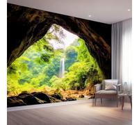 350 X 256 Cm Photo Wallpaper Nature Adventures Premium Wall Mural Poster - Green Cave Waterfall Non-Woven Large Decorative Wallpaper for Children's Room Living Room Home