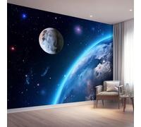350 X 256 Cm Photo Wallpaper Universe Starry Sky Premium Wall Mural Poster - Blue Earth Moon Non-Woven Large Decorative Wallpaper for Children's Room Living Room Home