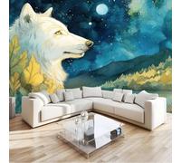 350 x 256 cm Wall Murals, Blue Art Moonlit Night Lakeside White Wolf Non-Woven Mural Paste the Wall Covering, Large Photo Wallpaper for Living Room Bedroom Kitchen Office Kids