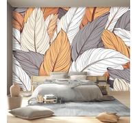 350 x 256 cm Wallpaper Abstract Tropical Leaves Lines Non-Woven Premium Art Print Fleece Wall Photo Mural Decoration Poster Picture, Gray Orange Wallpaper for Bedroom Living Room Hallway Wall Decor