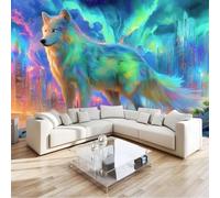 350 x 256 cm Wallpaper, Fantasy Neon Lights Animals Wolf Cub Non-Woven 3D Wallpaper Roll Mural, Colorful Wallcoverings for Bedroom Living Room TV Backdrop Hallway Home Decoration Kitchen