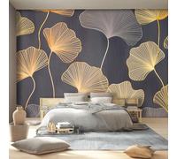 350 x 256 cm Wallpaper Plants Ginkgo Leaves Lines Non-Woven Premium Art Print Fleece Wall Photo Mural Decoration Poster Picture, Gold Gray Wallpaper for Bedroom Living Room Hallway Wall Decor