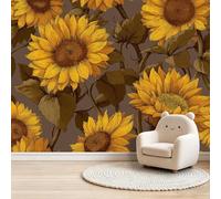 350 x 256 cm（WxH Wall Mural, Removable Brown Wallpaper for Living Room - Hand-Drawn Vintage Floral Sunflowers Wall Art Decor Printed Strips for Easy Install Wall for Home Kitchen Curtains American