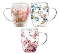 350ml 3pcs Dry Flowers Double Wall Glass Coffee Mugs - Insulated Heat Resistant Coffee Mugs