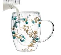350ml Dried Flowers Double Wall Glass Coffee Mugs, Double Wall Glass Mug Cup with Dry Flower, Cute Tea Cups with Handles Insulated Heat Resistant, for Coffee, Milk, Tea, Hot Cold Beverages