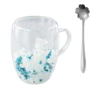 350ml Glasses Double Walled, Dry Flower Cup with Handle, Double Layer Glass Cups, Coffee Mugs, Coffe Glasses, Gifts for Women Friends, Large Tea Cups Clear, Glass Cups for Tea, Ice Cream, Iced (Blue)