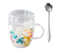 350ml Glasses Double Walled, Dry Flower Cup with Handle, Double Layer Glass Cups, Coffee Mugs, Coffe Glasses, Gifts for Women Friends, Large Tea Cups Clear, Glass Cups for Tea, Ice Cream, Iced (Pink)