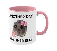 350ML Sad Hamster Cup - Meme Mug, Coffee Mug, 'I'm Just A Girl' Hamster Mug, 'Another Day Another Slay' Ceramic Cup with Bowtie for Women and Men