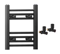 350mm Wide Straight Black Heated Bathroom Towel Rail Radiator With Valves For Central Heating UK (With Black Straight Valves, 350 x 400mm (h))
