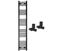 350mm Wide Straight Black Heated Bathroom Towel Rail Radiator With Valves For Central Heating UK (With Black Straight Valves, 350 x 1700mm (h))