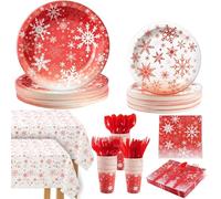 352Pcs Christmas Paper Plates and Napkins Disposable Dinnerware Set, Red and White Snowflake Dinnerware Set Party Supplies for Christmas Winter Wonderland Holiday Wedding Baby Shower, Serve 50