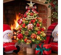 35cm Mini Christmas Tree with Lights and Ornaments | Pre-Lit Tabletop Xmas Tree Decoration Set with Star Topper Baubles & Santa Figure Small Artificial Holiday Decor for Desk