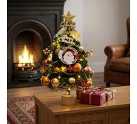 35cm Mini Christmas Tree with Lights & Ornaments | Pre-Lit Tabletop Xmas Tree Decoration Set with Star Topper Baubles & Santa Figure Small Artificial Holiday Decor for Desk