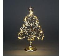 35cm Pre-Lit Table Top Golden Merry Christmas Tree With Warm White LEDs Bells Star Festive Xmas Holiday Home Office Novelty Decorations