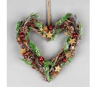 35cm Prelit Heart Wreath Battery Operated - Wooden Twigs Base Decorated with Red Baubles,Berries,Stars,Foliage,Pine Cones, Micro Rice LED Lights - Christmas Home Hanging Decoration
