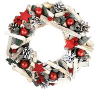 35cm Red Wooden Shabby Chic Star Wreath with Berries & Pinecones - Festive Christmas Door Decor