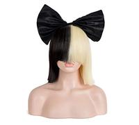 35cm SIA Anime Synthetic Hair Half Black and Blonde Ombre Short Straight Flat Bangs Heat Resistant Cosplay Full Wigs For Women OneSize Withbowknot