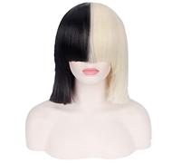 35cm SIA Anime Synthetic Hair Half Black and Blonde Ombre Short Straight Flat Bangs Heat Resistant Cosplay Full Wigs For Women OneSize wigonly