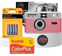35mm Film Camera Bundle Includes Swiss+Go Novocolor Analogue Film Camera with Kodak ColorPlus 24 EXP Film, Kodak Max Super Alkaline AAA Batteries and Clikoze Film Photography Tips Card (Pink)