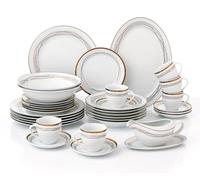 35pc Waterside Gold Swirl Porcelain Dinnerware Set; 6 Dinner Plates, Side Plates, Soup Bowls, Cup, Saucers, 2 Salad Bowls and Platter - Not Dishwasher & Microwave Safe Due to Gold Decor