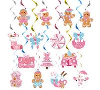 35Pcs Christmas Gingerbread Man Hanging Swirl Decorations Pink Gingerbread House Candy Ceiling Hanging Streamers Christmas Baby Shower Decor for Xmas Holiday Party Supplies