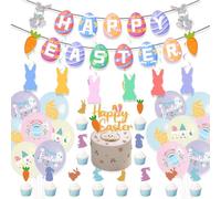 35PCS Easter Decorations for Home, Includes Happy Easter Banner, Hanging Swirls, Balloons, Cupcake Toppers for Birthday, Home,Classroom,Office and Yard Party Decorations