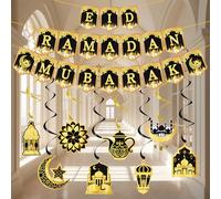 35PCS Ramadan Decorations, Eid Ramadan Mubarak Banner and Foil Hanging Swirl Streams Ceiling Decor for Home, Shining Gold Star Moon Lanterns Castles Ornament for Islamic Muslim Al-Fitr Party Supplies