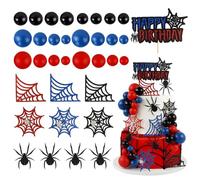 35Pcs Spider Birthday Cake Topper Blue Red Black Balls Cake Decorations | Spider Web Cupcake Toppers Multicolor Balls Cake Ornament Boys Spiderman Birthday Cake Decors Halloween Party Decorations