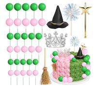 35PCS Witch Theme Cake Toppers Set, Witch Hat Cake Toppers with Crown Hat Broom Star Wand Pink Green Balls for Halloween Party, Magic Birthday, Wedding Dessert Decor Supplies