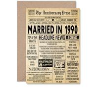 35th Anniversary Card for Men Women - Vintage Newspaper Married in 1990 - Happy 35 Year Wedding Anniversary Card for Wife Companion Husband Partner, A5 Anniversaries Greeting Cards