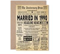 35th Anniversary Card for Women Men - Vintage Newspaper Married in 1990 - Happy 35 Year Wedding Anniversary Card for Companion Wife Partner Husband, 5x7 Inch Anniversaries Greeting Cards