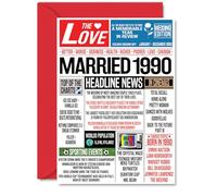 35th Anniversary Cards for Men Women - Married 1990 Newspaper - Happy 35 Wedding Anniversary Card for Husband Wife Aunt Uncle Vintage Retro 1990, A5 Greeting Cards
