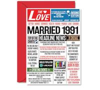 34th Anniversary Cards for Men Women - Married 1991 Newspaper - Happy 34 Wedding Anniversary Card for Husband Wife Aunt Uncle Vintage Retro 1991, A5 Greeting Cards
