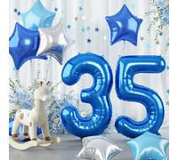 35th Birthday Balloon Decoration for Men, Big Self Inflating Dark Light Blue Silver Star Number 35 Foil Balloons, 40 Inch Royal Pastel Baby Blue 35 Helium Mylar Balloon for 53rd Birthday Party Decor