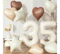 35th Birthday Balloons Decor, Cream Brown Tan Helium Number 35 Balloon Heart Balloon, Neutral Beige Sand White Nude Foil Star Balloon Set for Women Birthday Wedding Anniversary Party Boho Decoration