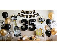 35th Birthday Balloons Decorations Men, Black Gold 35th Birthday Banner Large Foil Champagne Bottle Beer Confetti Balloon Party Supplies for Men Him Husband 35 Years Anniversary(35th)